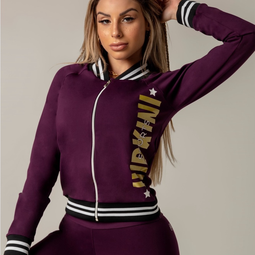 Stylish Purple Hipkini Jacket with Gold Accents Stretchable Fabric